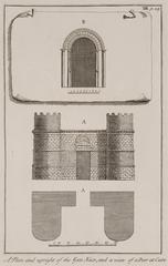 Plan and upright of Gate Nasr in Cairo and a view of a door, illustrated by Richard Pococke in 1743