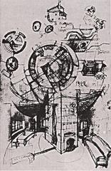 Melnikov House architectural sketch showing unique cylindrical structures and connecting bridges