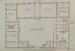 Historical floor plan of the University of Nancy building from around 1778 with handwritten notes and library stamps