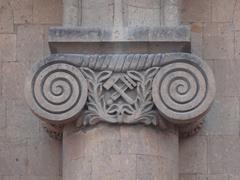 Close-up architectural details of Yerevan Railway Station in Armenia