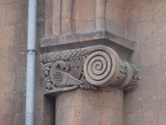 Ornate architectural details of Yerevan Railway Station facade in Armenia