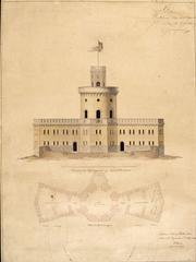 Architectural drawing of a new building on Kastellholmen, south elevation, watercolor by Fredrik Blom dated 1846