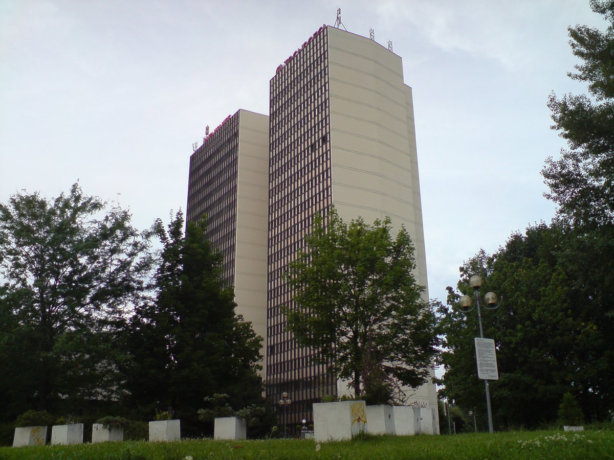 Modern office building Technopol with glass facade and urban surroundings
