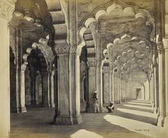 Interior of Moti Masjid Pearl Mosque in Agra Fort with marble Saracenic arches and ornate pillars