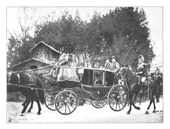 Pope Pius X riding in a closed carriage drawn by horses in Vatican garden