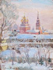 Sergey Vinogradov painting View of Kadashi showing a tranquil riverside scene with buildings and trees