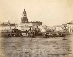 Lubyanka Square in Moscow during the 1870s showing historical buildings and the Vladimirsky Gate before its demolition