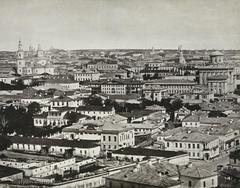 View towards Znamenka with the Church of the Exaltation of the Cross as the main dominant, distant Passion Monastery on Pushka, Volkhonka street with an unfinished Kolymazhny Dvor, and Rumiantsev Museum (Pashkov House) on the right