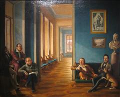 Interior view of A.M. Filamofitskiy's apartment painted by N.I. Podkluchnikov in 1835, showcasing period furniture and artwork