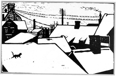 Woodcut of backyard roof in Tromsø by Sami artist John Savio