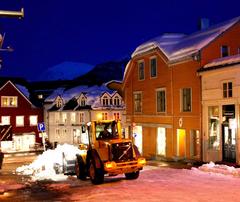 Snow clearing in Tromsø on Cora Sandels gate with view towards Storgata