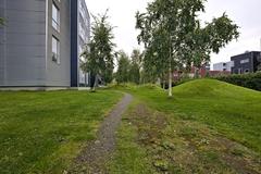 Neighborhood street view at Hjalmar Johansens gate in Tromsø with residential buildings and clear sky