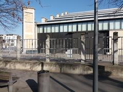 Left side of Tony Garnier Hall facade in Lyon 7th arrondissement