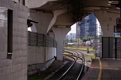Moscow Kutuzovskaya MCC station with Hyde Residential Towers and distant New Cheryomushki buildings