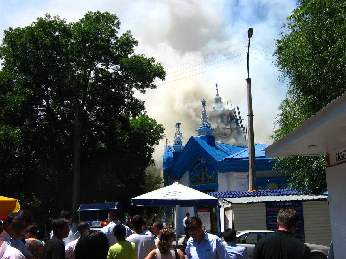 Fire in the early 20th-century building Kyzyl-Tan in Almaty, Kazakhstan