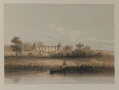 Birds-eye view of Budshur Bagh royal garden with pavilion, flower gardens and water lakes in Lucknow