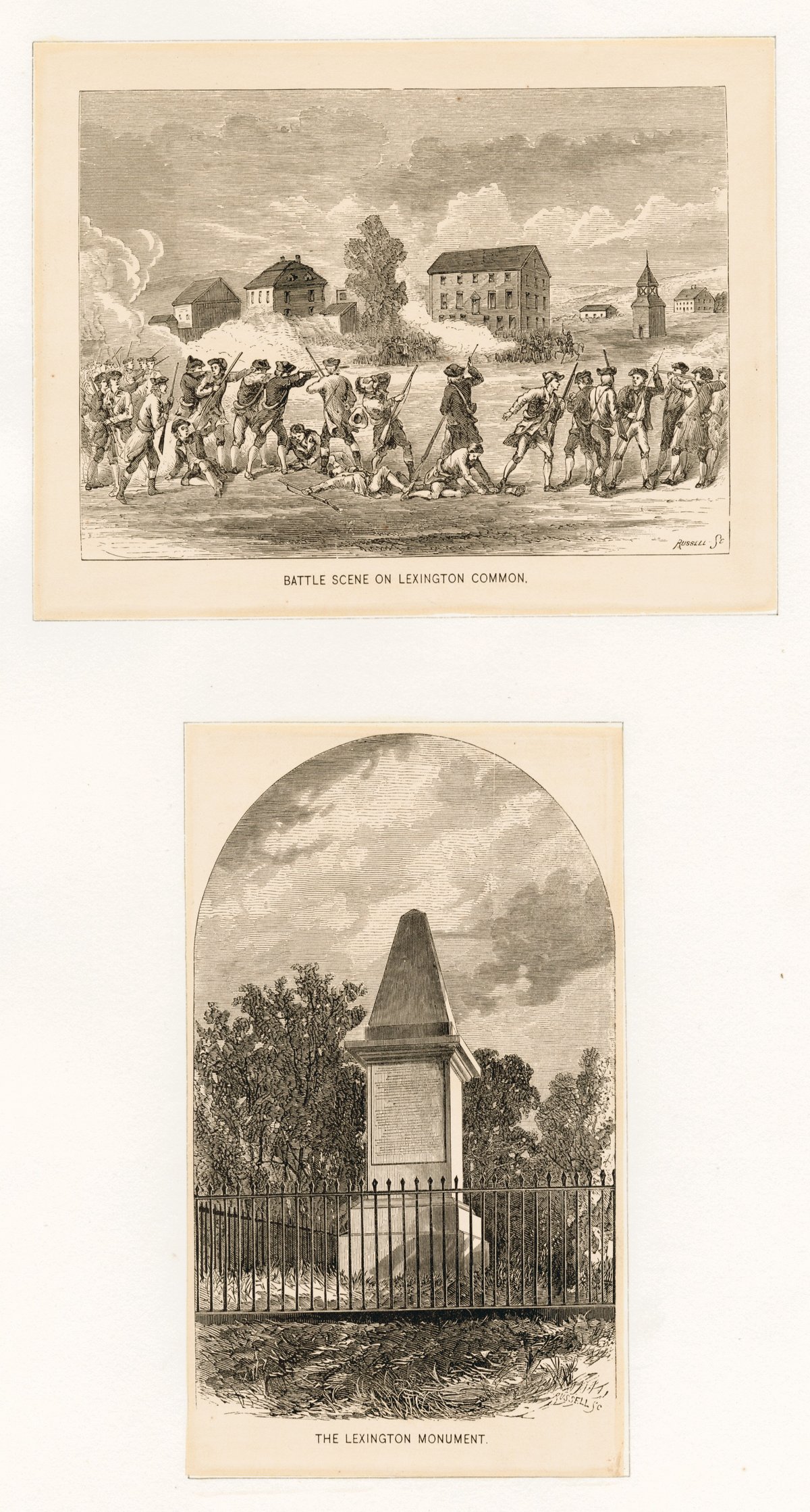 Historical battle scene on Lexington Common with Lexington Monument in the background