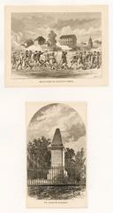 Historical battle scene on Lexington Common with Lexington Monument in the background