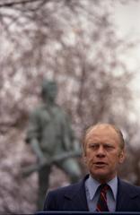 President Gerald R. Ford delivering remarks at Bicentennial Ceremony in front of Minuteman Statue Lexington Green