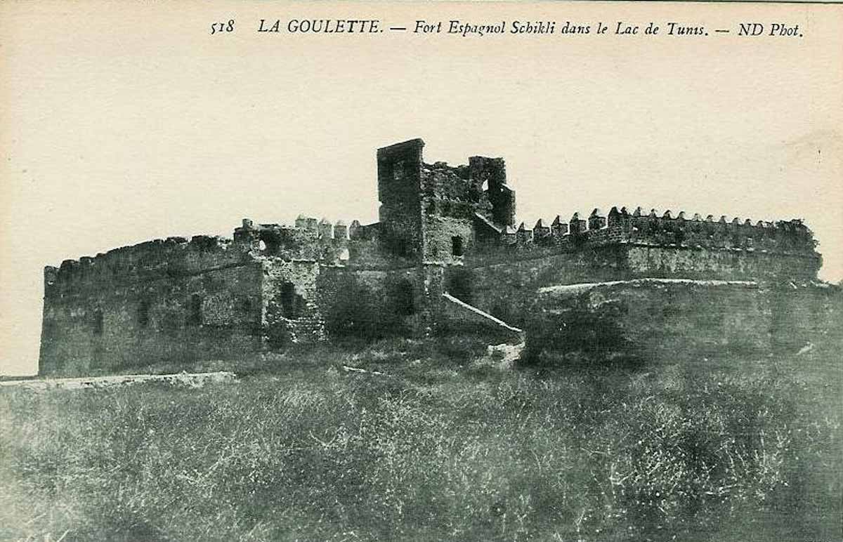 Historic view of Lac de Tunis and Fort de l'Ile Schikli in 1900