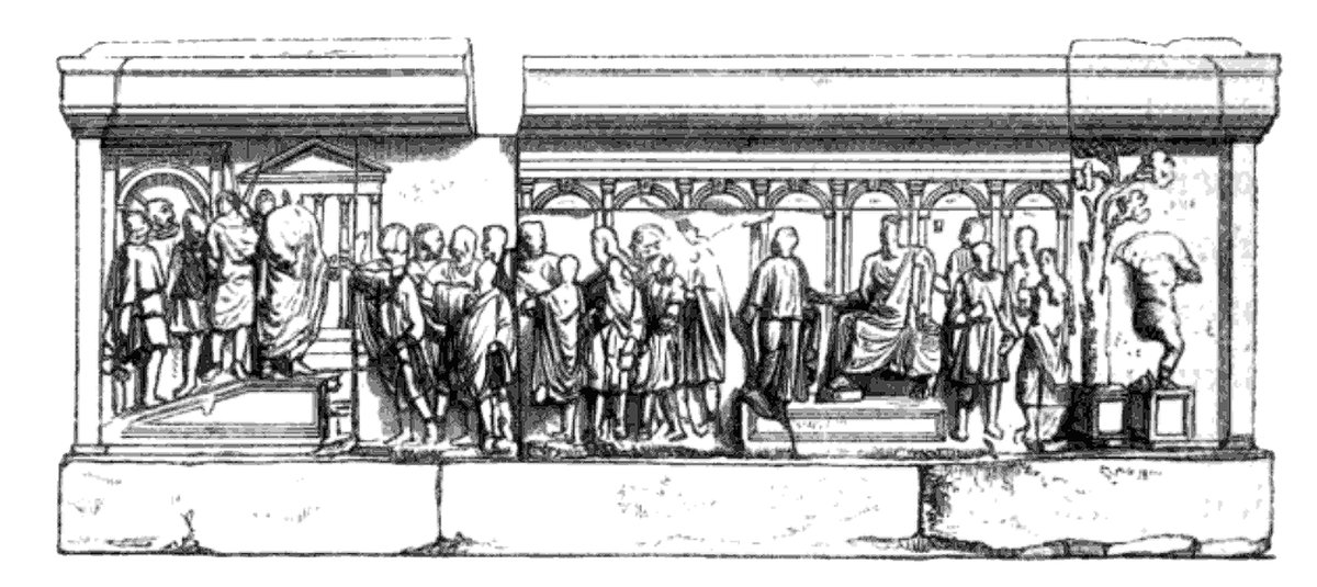 Ancient relief panel depicting the Comitium and Rostra in Rome with distinct architectural features