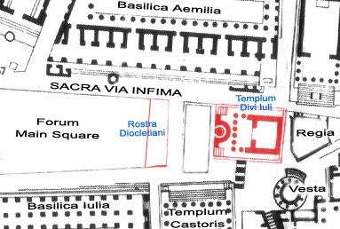 Plan of Roman Forum highlighting the Temple of Divus Iulius and Rostra Diocletiani in red