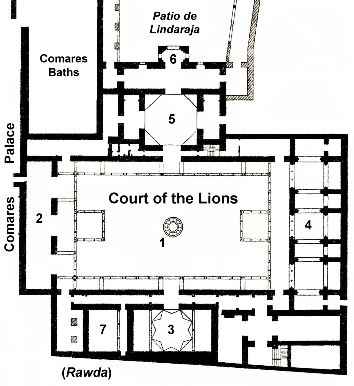 Floor plan of the Palace of the Lions in the Alhambra showing key rooms including Fountain of the Lions, Sala de los Mocárabes, Sala de los Abencerrajes, Sala de los Reyes, Sala de Dos Hermanas, Mirador de Lindaraja, and Patio del Harén