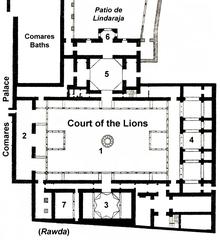 Floor plan of the Palace of the Lions in the Alhambra showing key rooms including Fountain of the Lions, Sala de los Mocárabes, Sala de los Abencerrajes, Sala de los Reyes, Sala de Dos Hermanas, Mirador de Lindaraja, and Patio del Harén