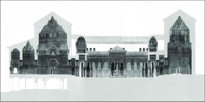 Cross-sectional drawing of the Palace of the Lions in the Alhambra by Owen Jones and J. Goury