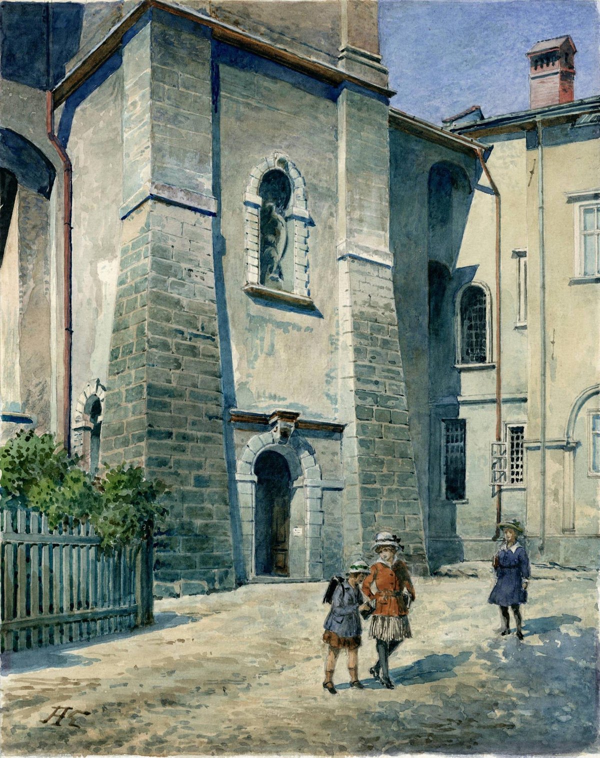Courtyard of the Benedictine Monastery in Lviv early 20th century watercolor by Alfred Kamienobrodzki