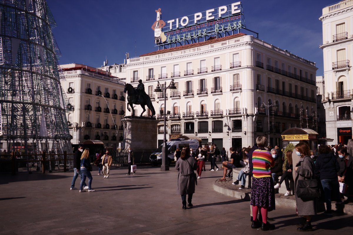 Aerial view of Madrid showcasing cityscape with modern buildings and clear blue sky