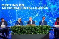 President Joe Biden hosting an Artificial Intelligence meeting with Sal Khan, Arati Prabhakar, Governor Gavin Newsom, and Joy Buolamwini at The Fairmont hotel, San Francisco