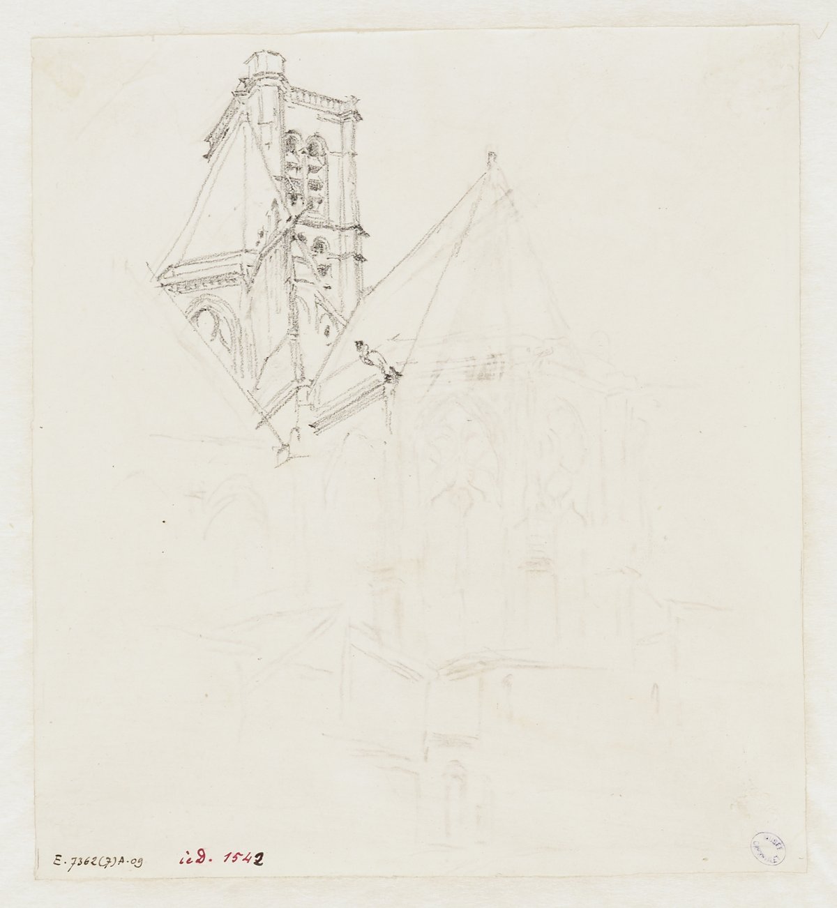 Detailed drawing of the apse and bell tower of Saint-Gervais-Saint-Protais church in Paris, showcasing Gothic and Latin-inspired architecture