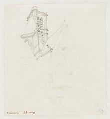 Detailed drawing of the apse and bell tower of Saint-Gervais-Saint-Protais church in Paris, showcasing Gothic and Latin-inspired architecture