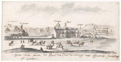 Historical drawing of Paris near the horse market at Faubourg-Saint-Victor with urban landscape, people, and horses, attributed to Albert Flamen
