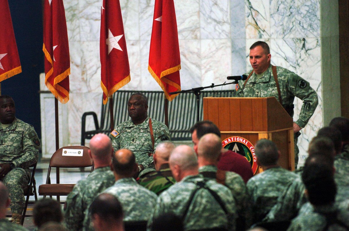 Army Lt. Gen. Jack Stultz speaking to Army Reserve soldiers during 100th anniversary mass re-enlistment ceremony at Al-Faw Palace, Camp Victory, Iraq