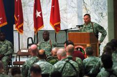 Army Lt. Gen. Jack Stultz speaking to Army Reserve soldiers during 100th anniversary mass re-enlistment ceremony at Al-Faw Palace, Camp Victory, Iraq