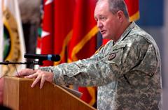 Major General James Simmons speaking at transfer of authority ceremony at Camp Victory