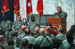 Army Gen. David Petraeus giving opening remarks at 100th Army Reserve birthday mass re-enlistment in Al-Faw Palace rotunda
