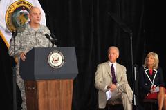 Army General Raymond Odierno speaking at naturalization ceremony in Iraq with Vice President Joe Biden and Dr. Jill Biden observing