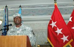 Army Lt. Gen. Lloyd J. Austin III assuming command of Multi-National Corps – Iraq at ceremony in Al Faw Palace, Camp Victory, Baghdad