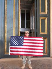 Bravo Troop soldier visiting Al Faw Palace exterior at Camp Victory