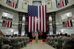 Adm. Mike Mullen addressing US service members at Al-Faw Palace in Baghdad, Iraq on August 2, 2011