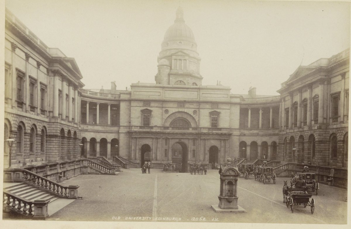 Courtyard of the Old University of Edinburgh with historic university buildings and horse-drawn carriages in Edinburgh, circa 1870-1890