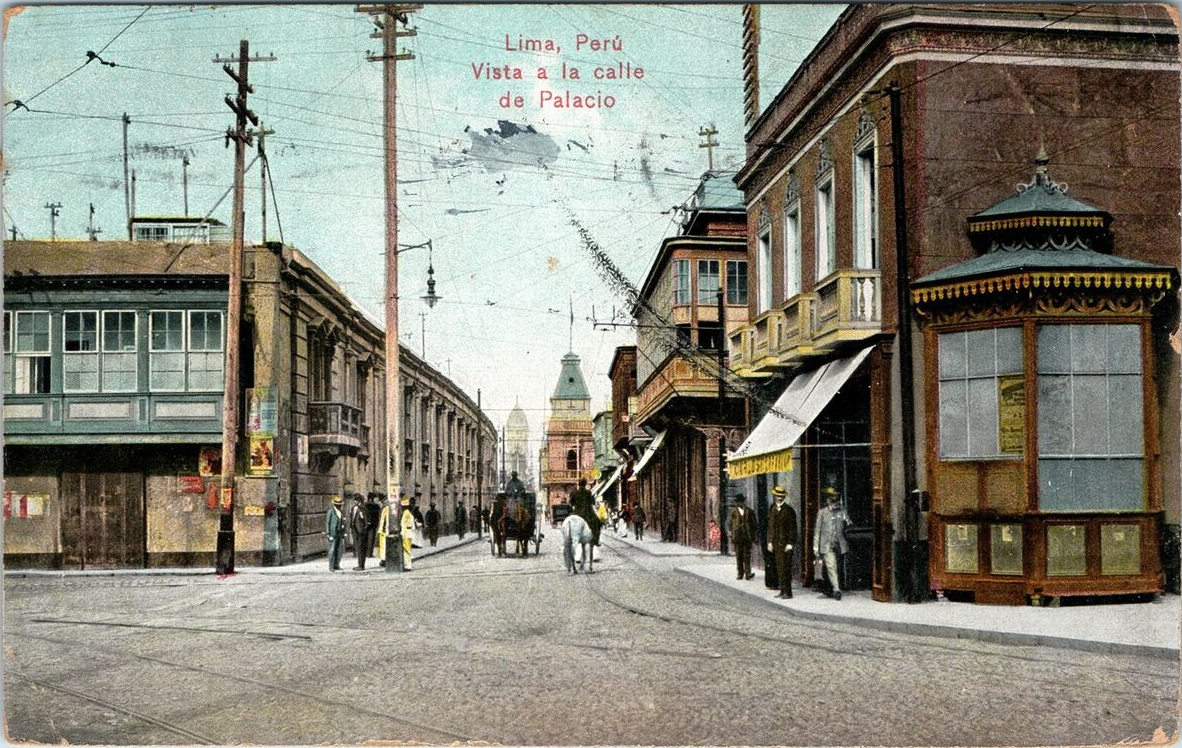 View of Calle de Palacio showing Casa Aliaga with its republican balcony and historic surrounding buildings