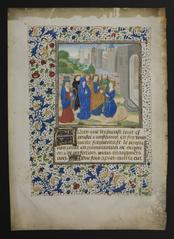 Medieval illuminated manuscript page showing the mystical marriage of Catharina van Siena with Christ, featuring intricate miniatures and a backdrop of city gate, cityscape, and natural landscape
