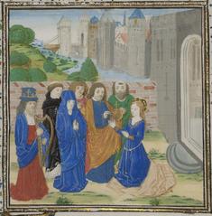 Miniature illumination from Bruges Public Library Manuscript 767 circa 1475 showing the mystical marriage of Catherine of Siena with Christ, with a city gate, cityscape, and natural landscape in the background