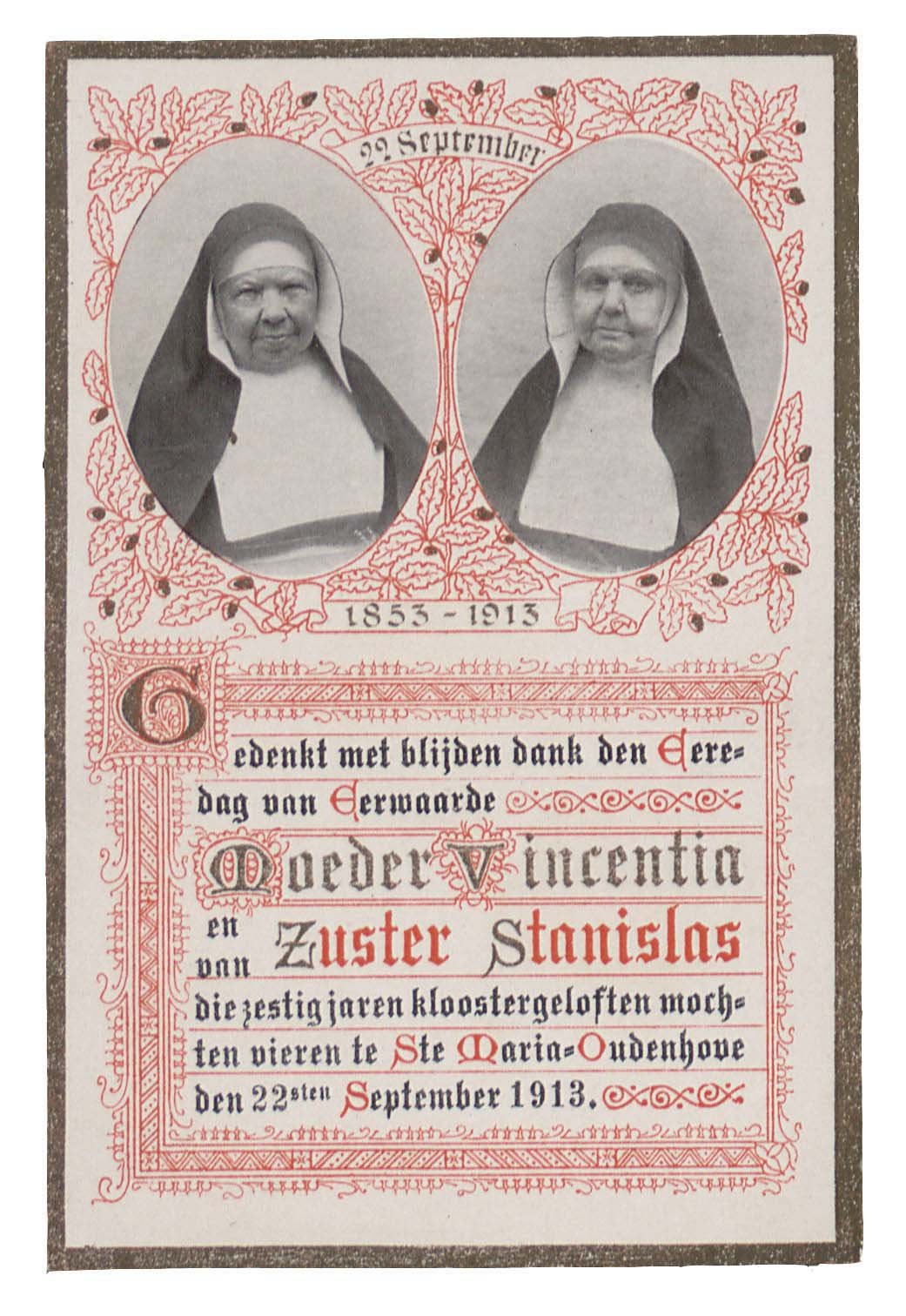 Commemorative card for 60-year convent vows anniversary of Mother Vincentia and Sister Stanislas, 1913