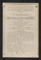Black and white memorial card of Monica De Vriese with portrait and text