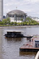 Floating ferry terminal near Novospassky Bridge in Moscow on the river